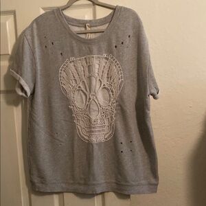 Seven7 Gray Skull Embroidered Top